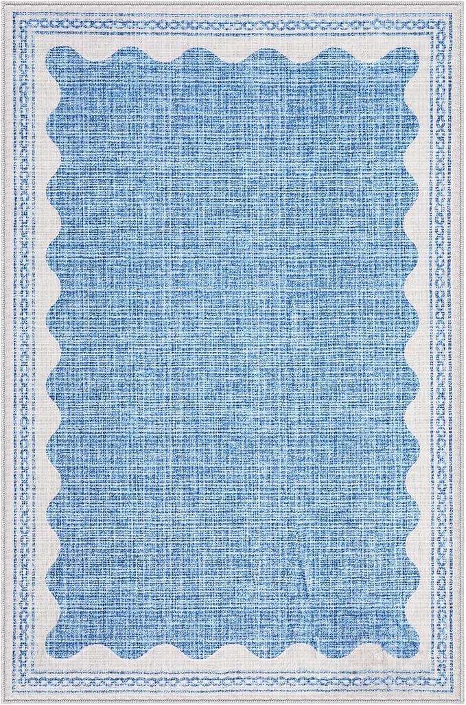 GarveeHome Door Mat Indoor Rugs for Entryway Small Throw Rug 2x3 Washable Non-Slip Solid Blue Modern Minimalism Soft Low-Pile Scalloped Carpet for Bedroom Kitchen Bath Entrance with Rubber Back