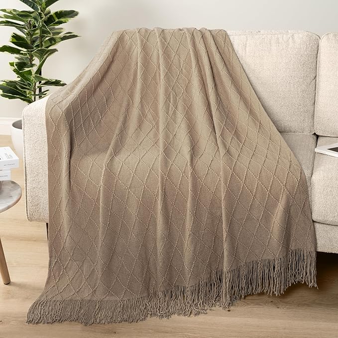 PAVILIA Tan Taupe Knit Throw Blanket for Couch, Twin Bed, Soft Knitted Farmhouse Sofa Throw for Living Room, Lightweight Decorative Fall Blanket for Chair, Outdoor Textured Boho Blanket, 60x80