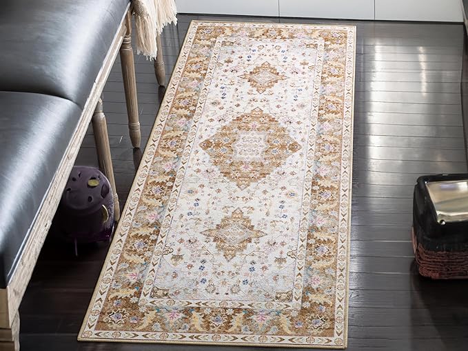 Amearea Vintage Design Runner Rugs for Living Room, 2x6 Machine Washable Floral Collection Traditional Bedroom Rug, Low Pile Cute Kids Room Print Carpet, No Slip Office Kitchen Home Decor, Gold Yellow