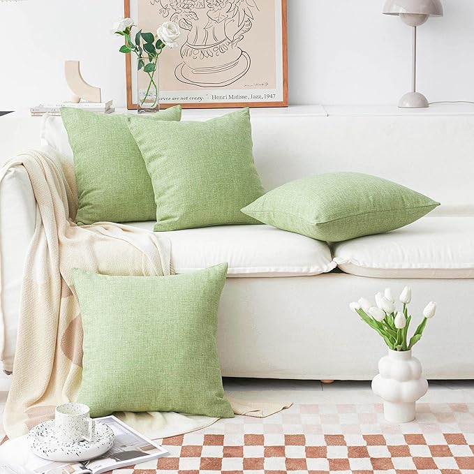 Home Brilliant Spring Pillow Covers Linen Textured Decorative Pillowcases for Bed Sage Burlap Sofa Pillows Slipcovers for Couch Living Room Decor, 18 x 18 inches, Set of 4, Grass Green