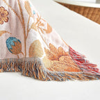 Boho Throw Blanket for Bed 60”x80”, 100% Cotton Woven Blanket for Couch Sofa, Ultra Soft 4-Layer Muslin Quilt with Floral Printed, Farmhouse Bed Blanket/Cover for Living Room Decor