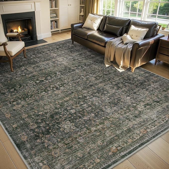 MontVoo-Vintage Area Rug 9X12 Green Rugs for Living Room-Soft Distressed Printed Rugs for Bedroom-Non Slip Carpet-Machine Washable Rug for Dining Room Living Room Bedside Office