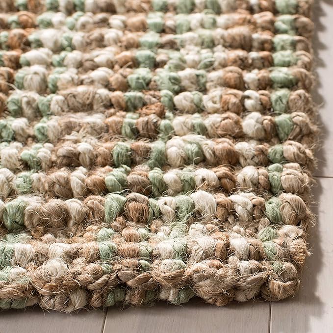 SAFAVIEH Area Rug 4' Square - Natural Fiber Collection - Sage & Natural Brown, Handmade Jute, Farmhouse Style, Chunky Textured Thick Pile (NF447S)
