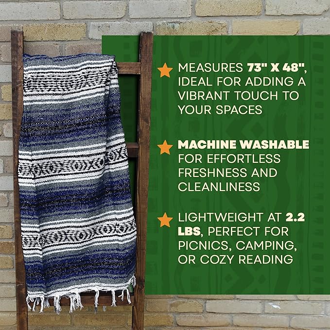 Large Mexican Blanket in Royal — Handcrafted Serape Falsa Yoga Blanket (73” x 48”) – Durable Throw for Camping, Beach & Outdoor Use – Artisan Craft, Made in Mexico from Recycled Fibers