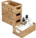 4 Small 3.6 QT Water Hyacinth Wicker Baskets for Shelves, 10" Long Woven Pantry Organizers and Storage Basket, Decorative Ratten Shallow Rectangle Baskets for Organizing Countertop Bathroom