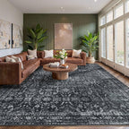 9x12 Area Rugs for Living Room Bedroom, Large Washable Rug, Black Vintage Floral Boho Rug, Non Slip & Low Pile Faux Wool Thin Carpet for Indoor Dining Room and Kids Room(Black 9x12ft)