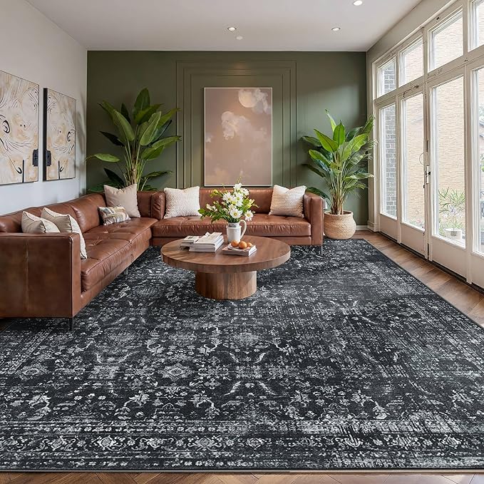 9x12 Area Rugs for Living Room Bedroom, Large Washable Rug, Black Vintage Floral Boho Rug, Non Slip & Low Pile Faux Wool Thin Carpet for Indoor Dining Room and Kids Room(Black 9x12ft)