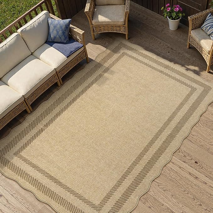 LIVEBOX Scalloped Easy Jute 3x5 Outdoor Rug, Washable Non-Slip Geometric Tan Rugs for Entryway, Indoor Outdoor Farmhouse Rug Modern Carpet Door Mat Area Rug for Patio Bedroom Living Room Kitchen Porch