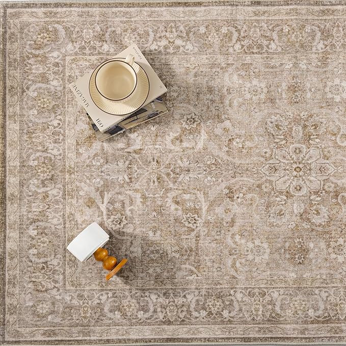 Brown 5x7 Area Rug Washable Vintage Living Room Carpet Bedroom Indoor Non Slip Soft Low Pile Thin Stain Resistant Distressed Accent Throw Rug for Dining Office Nursery