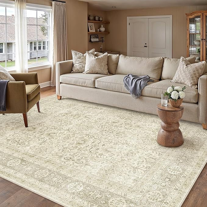 Vintage Area Rug 9x12 Beige Washable Living Room Large Carpet Non Slip Bedroom Indoor Office Low Pile Traditional Distressed Retro Accent Rug for Dining Room