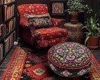 Mandala Life ART Round Black Velvet Pouf Cover - Soft Embroidered Ottoman Slipcover with Moroccan Design, 24 Inch Diameter, Ideal for Living Room, Bedroom, or Meditation Space - Floow Pillow Cushion