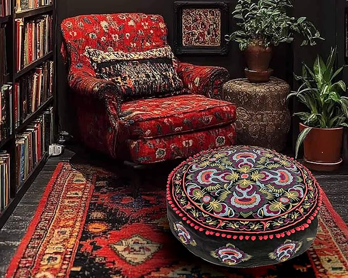 Mandala Life ART Round Black Velvet Pouf Cover - Soft Embroidered Ottoman Slipcover with Moroccan Design, 24 Inch Diameter, Ideal for Living Room, Bedroom, or Meditation Space - Floow Pillow Cushion