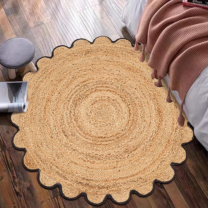 Hand Woven Braided Jute Rug - 5' Round - Reversible Farmhouse Dining Room Rug, Living Room, Bedroom, Kitchen - Natural Decorative Floor Boho Entry Area Rugs - 5 Foot Round Rug