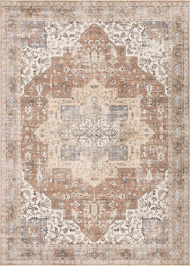 Washable Rug 10x14 Area Rugs: Boho Vintage Distressed Oriental Medallion Neutral Thin Large Rug Carpet for Living Room Bedroom Dining Room Home Office Decor - Brick Red