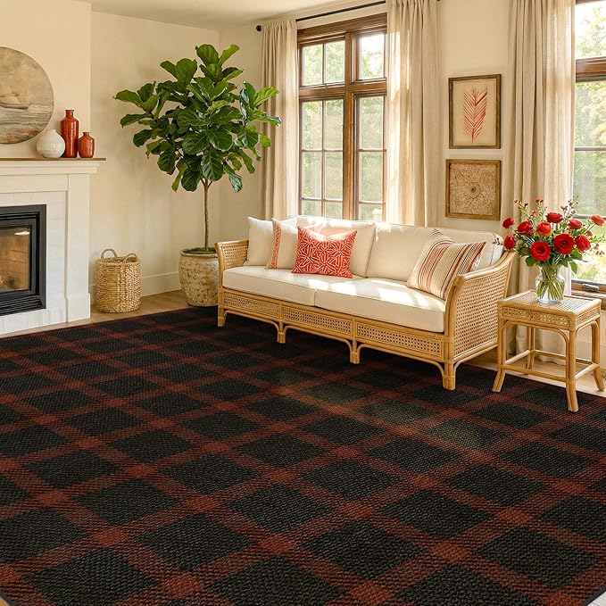 Easy Jute 8x10 Buffalo Plaid Living Room Rug - Retro Black and Red Rug for Dining Room Under Table, Non Slip Washable Carpet for Bedroom Under Bed and Fireplace, Washable Woven Fall & Holiday Decor