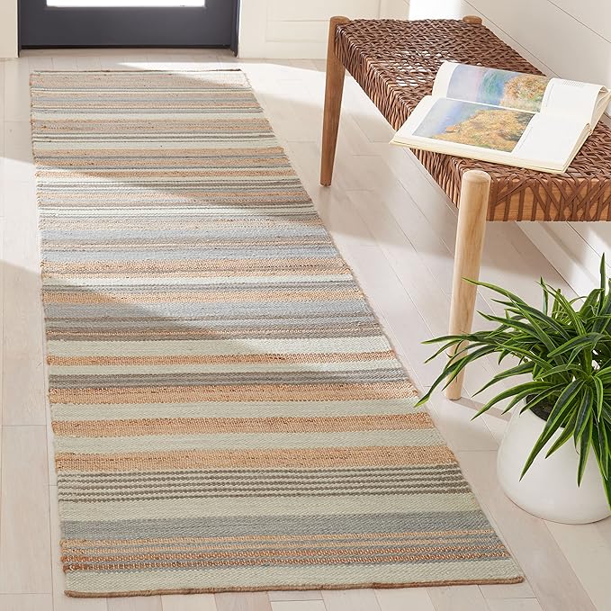 SAFAVIEH Kilim Collection Runner Rug - 2'3" x 9', Natural & Light Blue, Handmade Jute, Ideal for High Traffic Areas in Living Room, Bedroom (KLM461L)
