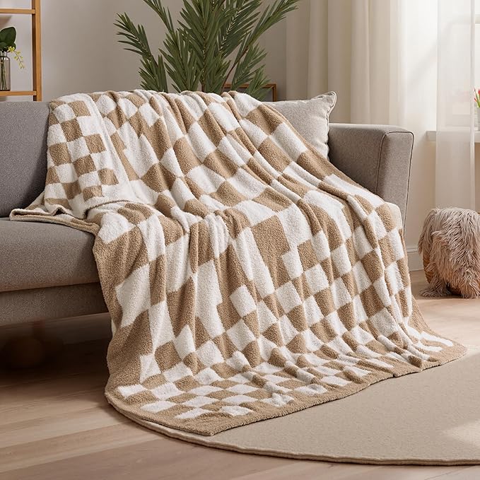 Joiedomi Twin Blanket for Couch Bed, Checkered Knitted Blankets Gifts for Women Mom Girls, Cozy Cute Soft Throw Home Room Decor Aesthetic for Women Mothers Birthday Gifts 60x80 Inches