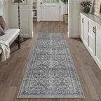 HUGEAR 2x6 Runner Rug Hallway Vintage Grey Machine Washable Retro Floral Low Pile Carpet Vacuumable Distressed Long Throw Rug Bedroom Office Bathroom Kitchen Laundry Non Slip Soft Lightweight