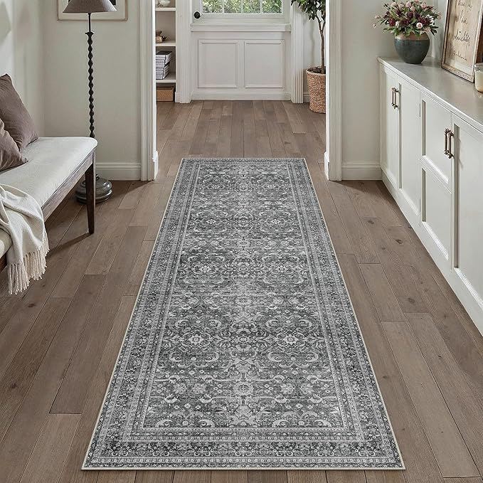 HUGEAR 2x6 Runner Rug Hallway Vintage Grey Machine Washable Retro Floral Low Pile Carpet Vacuumable Distressed Long Throw Rug Bedroom Office Bathroom Kitchen Laundry Non Slip Soft Lightweight