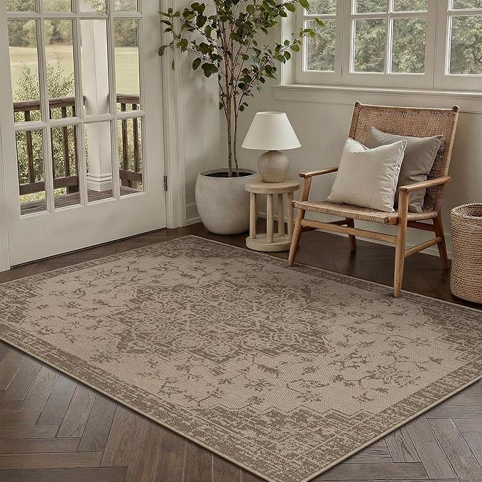3x5 Easy Jute Outdoor Patio Rug Washable Brown Floral Entrance Area Rug for Living Room Lightweight Non Slip No Sheding Doormat Entryway Farmhouse Bedroom Backyard Kitchen Deck