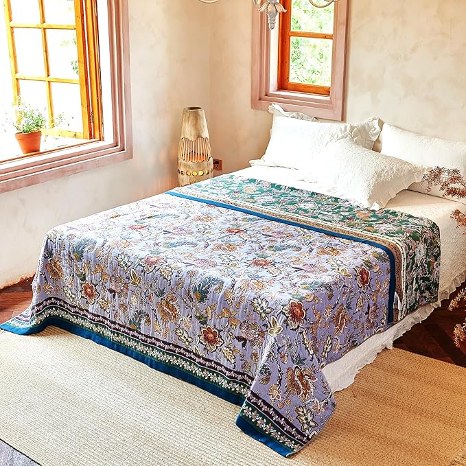 Boho Throw Blanket 60" x 80", 100% Organic Cotton Breathable Ultra Soft Bed Purple Quilt Throw - All Season Luxury Floral Farmhouse Decor Blanket for Sofa Couch Chair and Gift.
