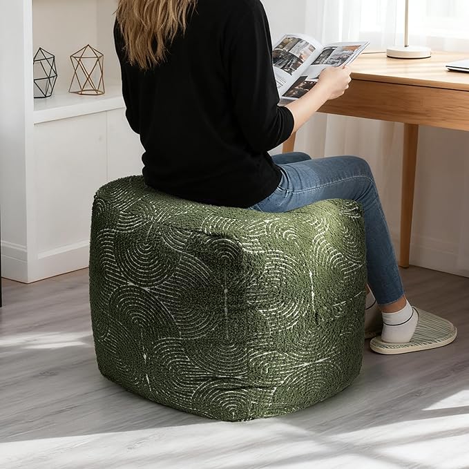 AELS Unstuffed Boho Textured Pouf Cover, Organic Modern Mid Century Rainbow Tufted Storage Bean Bag Cubes, Farmhouse Square Ottoman Pouf Foot Rest Footstool, 18"x18"x18", Cover ONLY, Olive Green