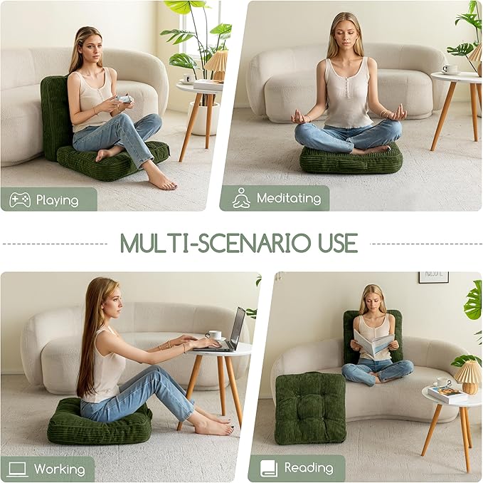 HIGOGOGO Floor Pillow Cushion for Adults, Meditation Cushion Pillow, Large Square Floor Sitting, Tufted Corduroy Cover, for Tatami Living Room or Yoga, 22x22 Inch, 2Pack, Dark Green