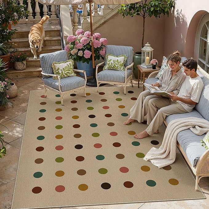 HUGEAR 5x7 Jute Outdoor Indoor Rug Washable Geometric Linen Textured Weave High Traffic Stain Resistant Non Slip Durable Carpet for Livingroom Patio Deck Balcony Courtyard (Rainbow, 5' x 7')
