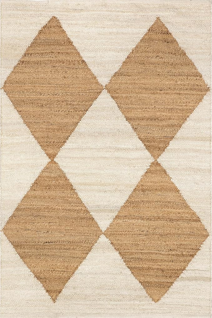 nuLOOM Pandora Diamond Jute Area Rug - 6' Square, Global Inspired Ivory, Neutral, Perfect for Dining, Living, or Kitchen