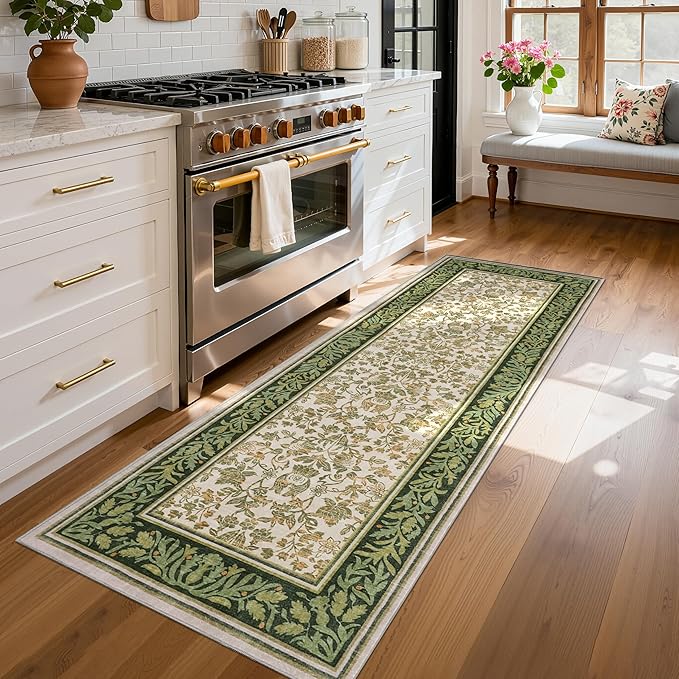 GarveeHome Runner Rugs 2x6 Kitchen Runner Rug Non Slip Washable Runners for Hallways, Boho Vintage Rugs with Rubber Backing Low-Pile Indoor Long Carpet for Entryway Bedroom Light Green