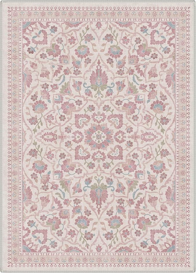 GENIMO 5x7 Area Rugs for Living Room, Machine Washable Non Slip Vintage Rugs, Low Pile Lightweight Chenille Print Rug for Bedroom, Dining Room, Home Office, Dusty Rose