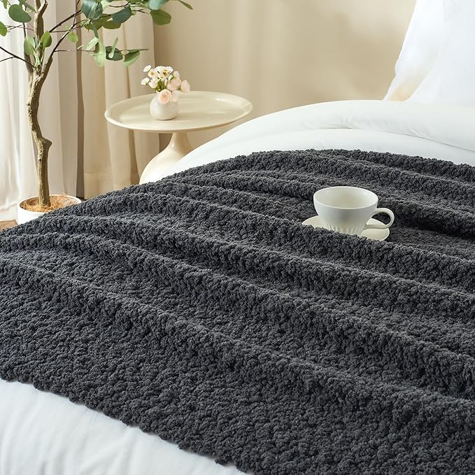 Throw Blanket for Couch, Dark Grey Luxury Knitted Throws 50"x60", Textured Blankets with Handmade Fringe Tassels for Bed Sofa Decorative, Chunky Soft Farmhouse Boho Home Decor