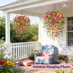 Der Rose 2Pcs Artificial Hanging Flower Basket for Outdoors Fake Hanging Flowers Plants with 4 Faux Silk Trailing Vines for Porch Patio Balcony Spring Decor