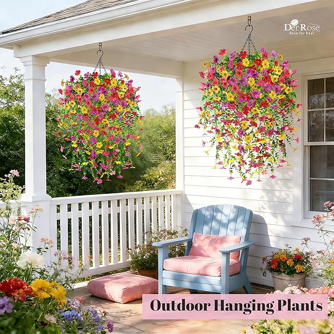 Der Rose 2Pcs Artificial Hanging Flower Basket for Outdoors Fake Hanging Flowers Plants with 4 Faux Silk Trailing Vines for Porch Patio Balcony Spring Decor