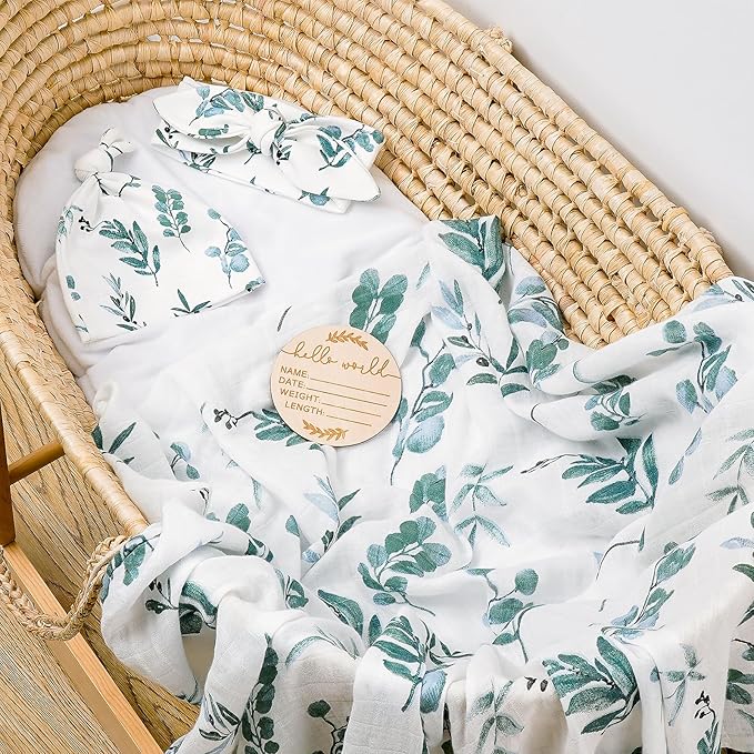 BabyWhale Muslin Swaddle Blanket with Hat and Headband Bow, Boho Green Eucalyptus Leaves Swaddle Set for Newborns, Breathable Receiving Blanket Wrap, Large 47x47 inches