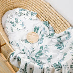 BabyWhale Muslin Swaddle Blanket with Hat and Headband Bow, Boho Green Eucalyptus Leaves Swaddle Set for Newborns, Breathable Receiving Blanket Wrap, Large 47x47 inches