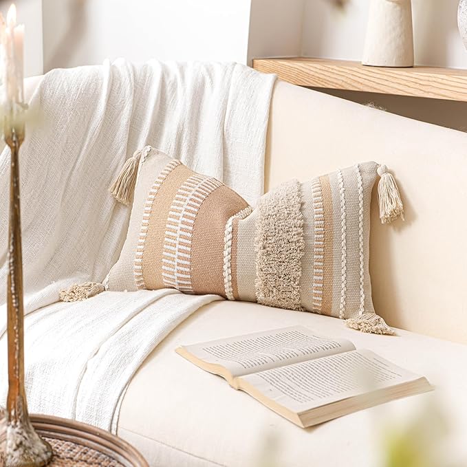 BlissBlush Decorative Lumbar Pillow Cover 12x20, Neutral Cream Boho Accent Pillowcase with Tufted Texture and Tassels, Beige Rectangular Cushion for Sofa Couch Living Room (Cover Only)