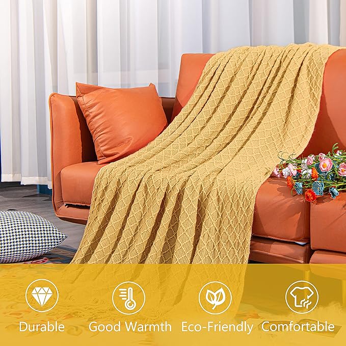 NTBAY Acrylic Knitted Throw Blanket, Lightweight and Soft Cozy Decorative Woven Blanket with Tassels for Travel, Couch, Bed, Sofa, 51x67 Inches, Mustard Yellow Checkered