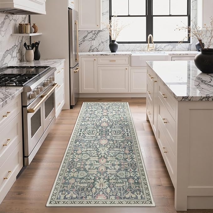 Bavni 2X6 Rug Runners for Hallways, Washable Runner Rug Non Slip, Vintage Floral Print Style Rugs for Bedroom-Lightweight Low Pile Carpet for Kitchen Bathroom,Green/Blue