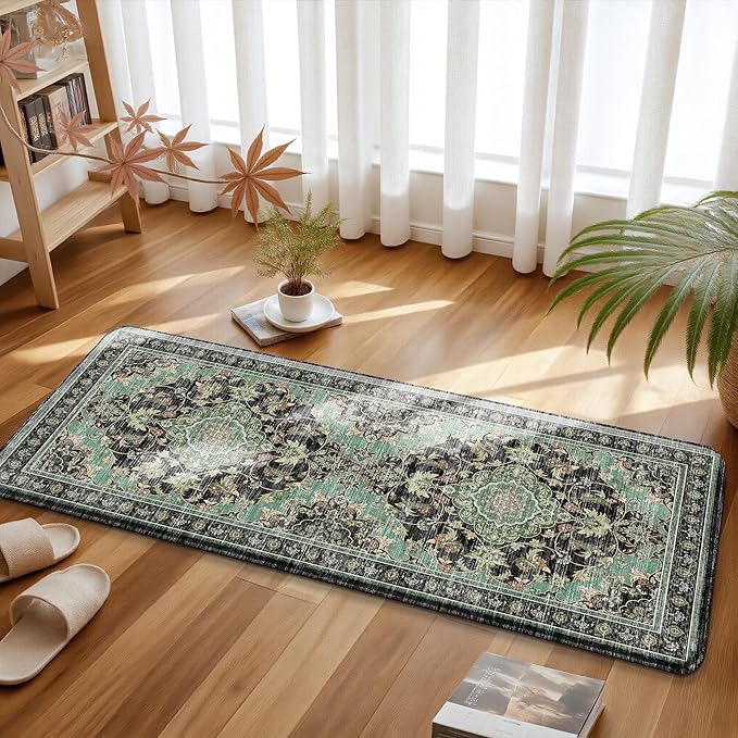 Boho Kitchen Mats for Floor 2 Piece Set Anti Fatigue Cushioned PVC Kitchen Rugs Non Slip Waterproof Farmhouse Mats 2/5 Inch Comfort Standing Mat for Sink, Laundry, 17.3"x47"+17.3"x28", Black Green