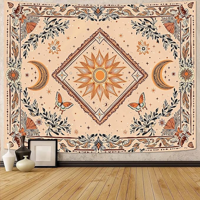 Accnicc Boho Sun and Moon Tapestry Hippie Mandala Floral Wall Tapestry for Bedroom Aesthetic Vintage Butterfly Plant Beige Small Tapestries Wall Hanging for Dorm Living Room Decor 48 x 36 Inch