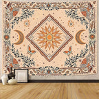 Accnicc Boho Sun and Moon Tapestry Hippie Mandala Floral Wall Tapestry for Bedroom Aesthetic Vintage Butterfly Plant Beige Small Tapestries Wall Hanging for Dorm Living Room Decor 48 x 36 Inch