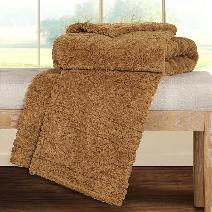 Superior Fleece Boho Jacquard Blanket, Decorative Blankets for Bedroom, Sofa, Fuzzy, Plush, Fluffy, Soft, Cute Room Decor, Beautiful Cover, Comfort Essentials, Arctic Collection, Full/Queen, Camel