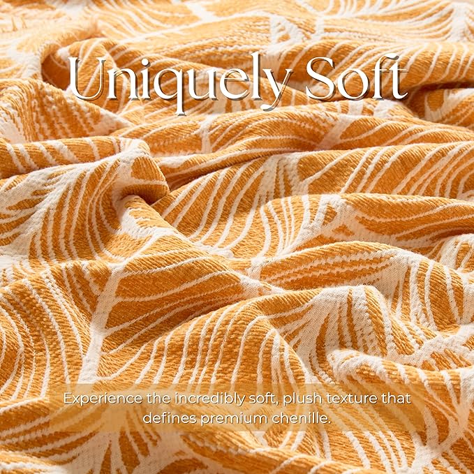DOWN HOME Chenille Cotton Throw Blanket for Couch, Lightweight Boho Blanket for Bed Sofa Chair Living Room Outdoor Soft Woven Decorative Blanket with Tassel Gift Orange Leaves 60"x80"