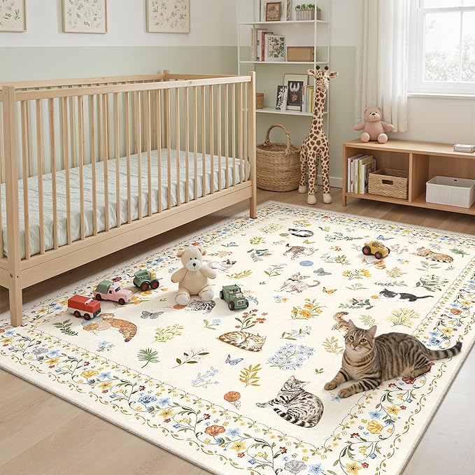 Cat 6x9 Area Rugs for Living Room, Machine Washable Animal Floral Vintage Rug Non-Slip Low Pile Soft Throw Rugs for Bedroom Dining Room Kitchen Nursery Playroom (6 x 9,Beige)
