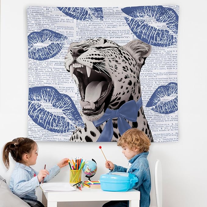 WNAGT Retro Trendy Leopard Tapestry Wall Hanging, Cheetah Leopard Room Decor, Vintage Funky Cheetah Print Lips Wall Blanket Decor for Girls Bedroom Dorm Apartment Home, 50x60 Inch(Blue)