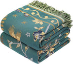 Boho 100% Cotton Large Throw Blanket King - All Season Rustic Ultra Soft Breathable Floral Bird Blanket for Bed Sofa Couch Chair Bedspread Quilt Gift, 91" x 108"-Teal/Beige