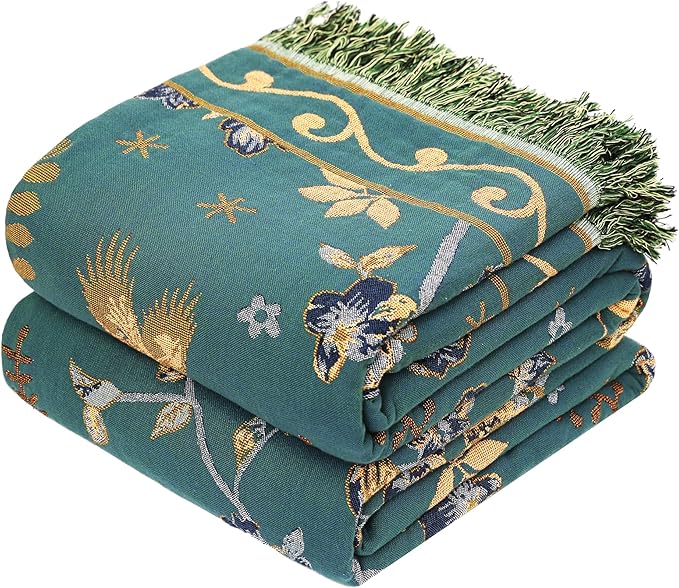 Boho 100% Organic Cotton Muslin Throw Blanket 50" x 60" - All Season Rustic Ultra Soft Breathable Floral Bird Blanket for Bed Sofa Couch Chair Bedspread Quilt Gift-Teal/Beige
