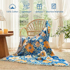 Boho Throw Blanket - 100% Cotton Ultra Soft Muslin Spring Blanket, 50"x60" Lightweight Floral Bird Framhouse Bedding Blanket for Bed, All Season Blue Bohemian Bedroom Home Decor Quilt