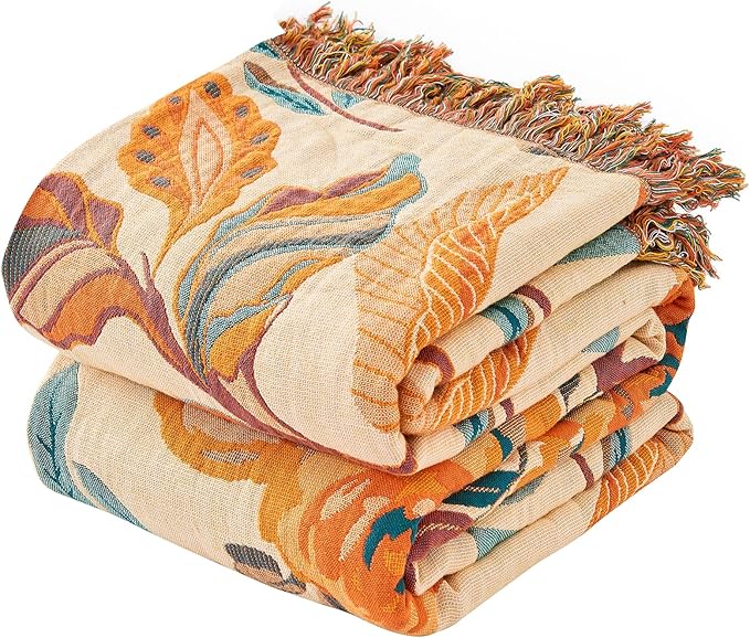 Boho Throw Blanket for Bed-100% Cotton Soft Breathable Farmhouse Decor Boho Quilt for Sofa (Flowers Tulips, 90"x98")